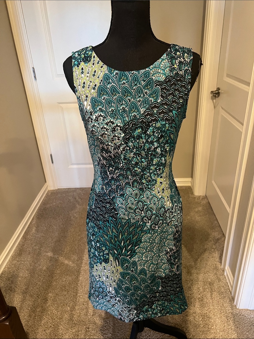 connected apparel Teal and Navy Printed Sleeveless Midi Dress